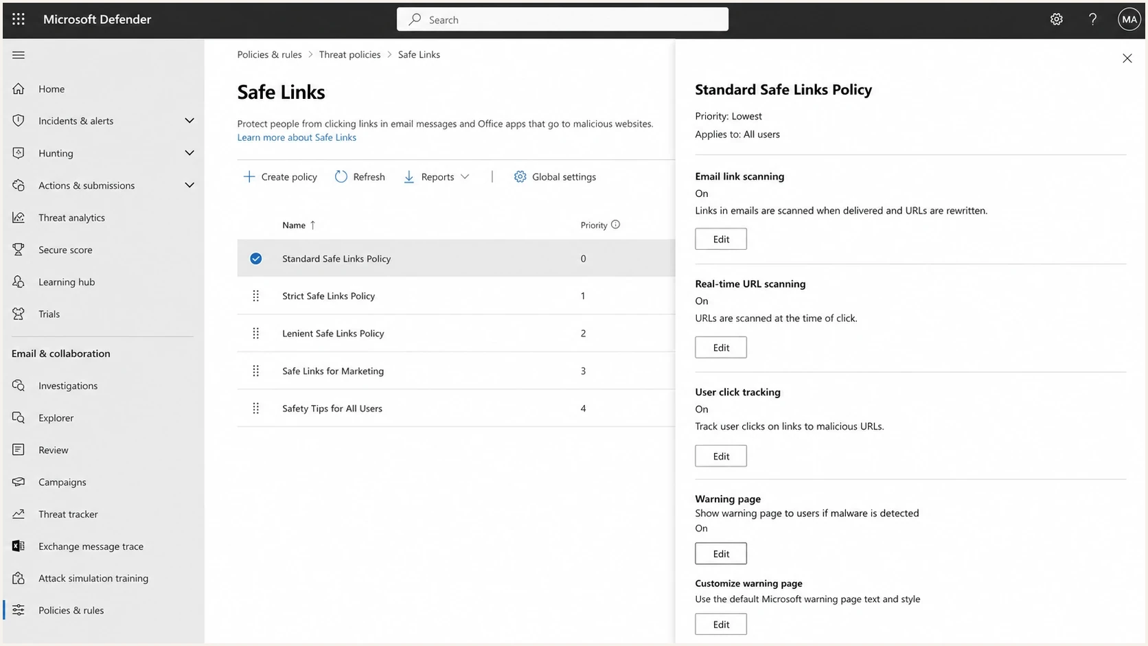 Microsoft Defender portal Safe Links policy settings for Office 365 email.