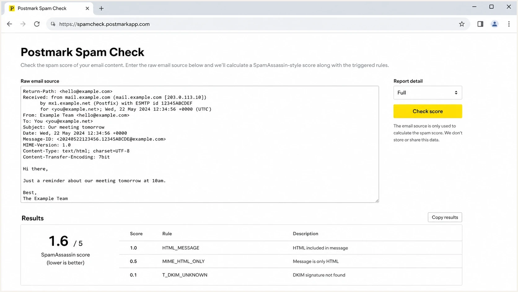Postmark Spam Check style screen showing raw email input and rule-score results.