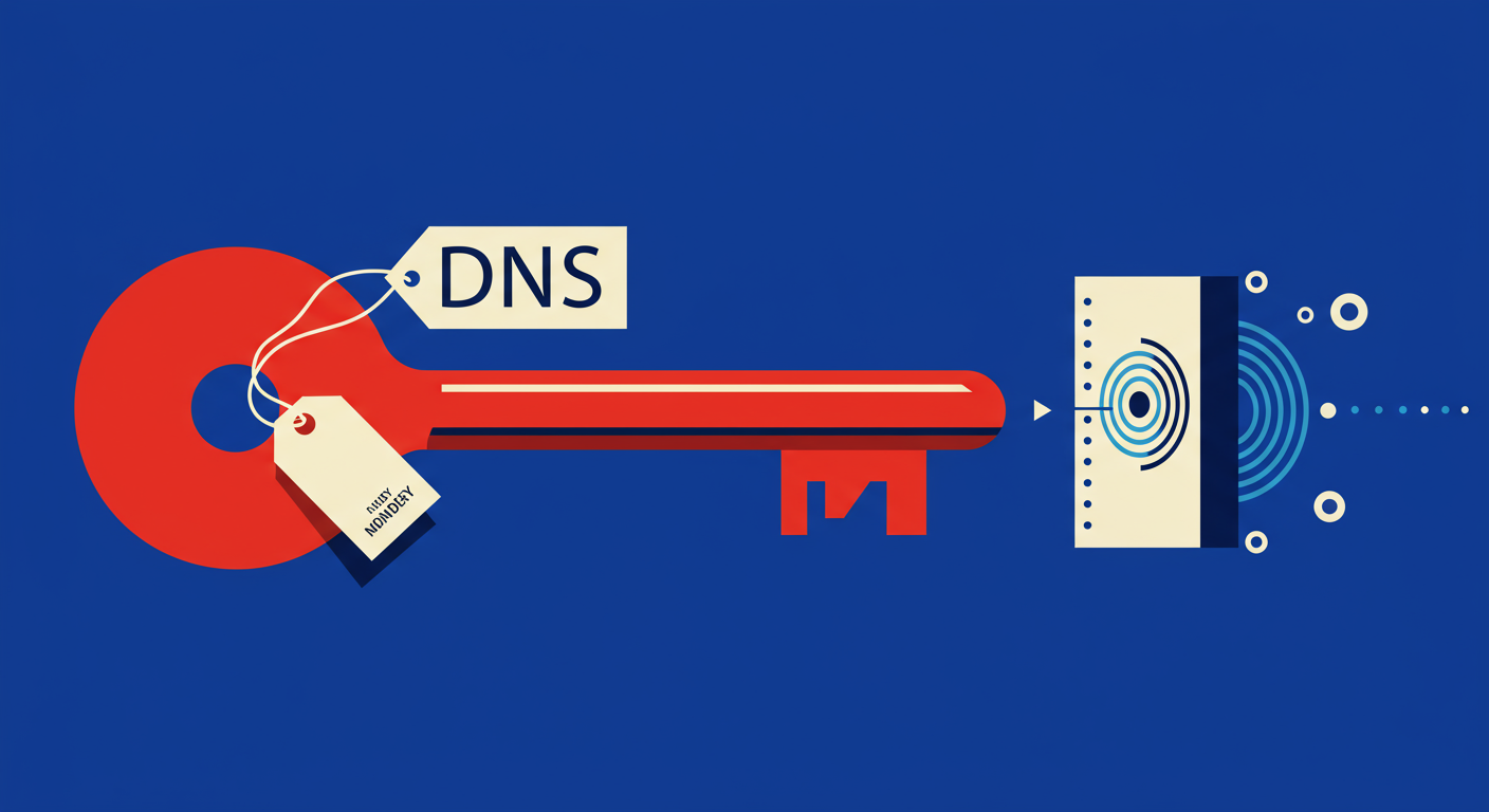 A minimalist retro illustration of a DKIM selector key pointing to a DNS record.