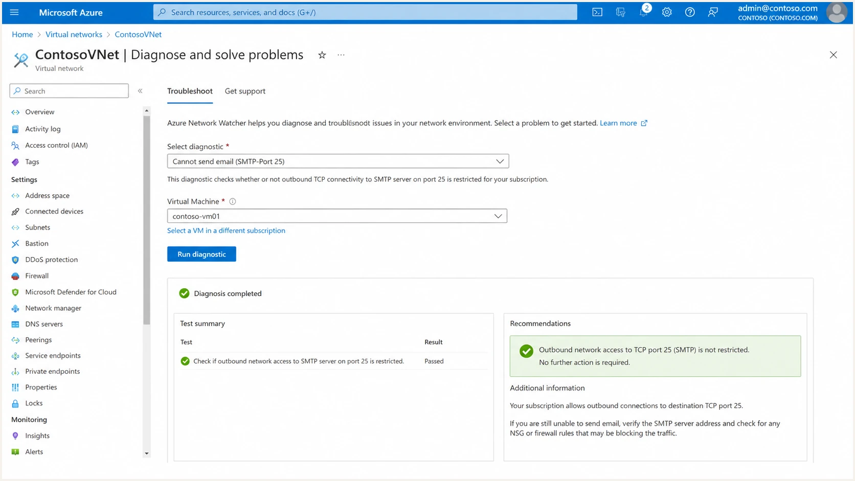 Azure outbound SMTP port 25 diagnostic