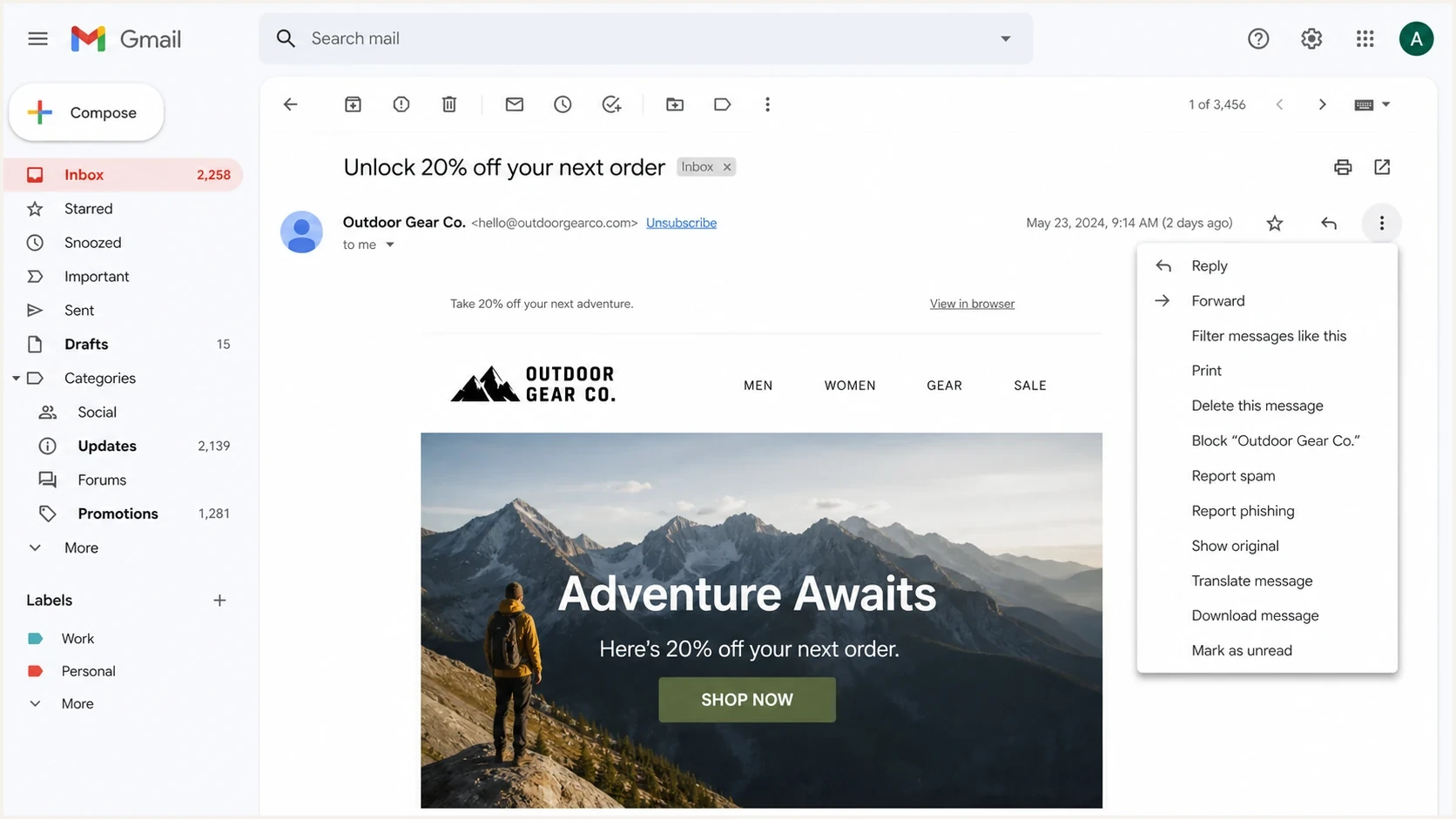 Gmail unsubscribe link displayed beside the sender name in a message.