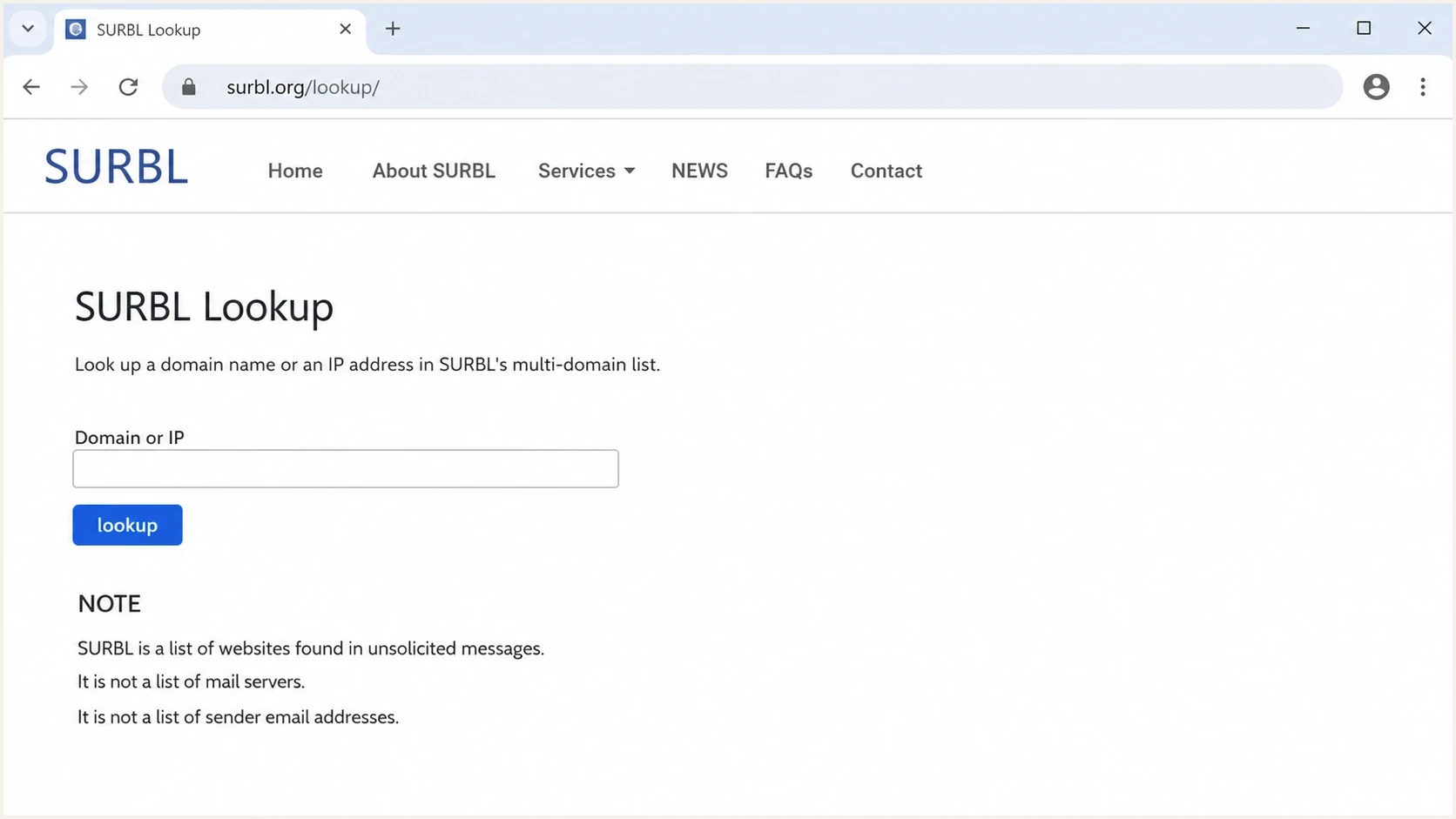 A SURBL Lookup page screen with a domain or IP field and policy notes.