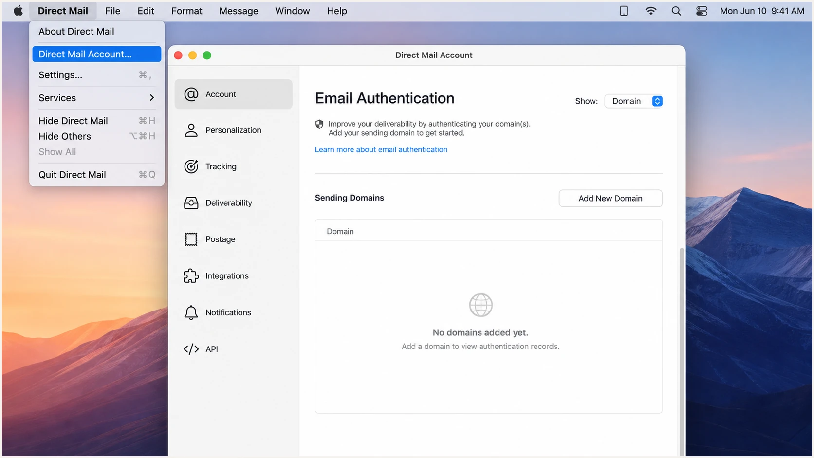 Direct Mail Account window with Email Authentication and Add New Domain controls.