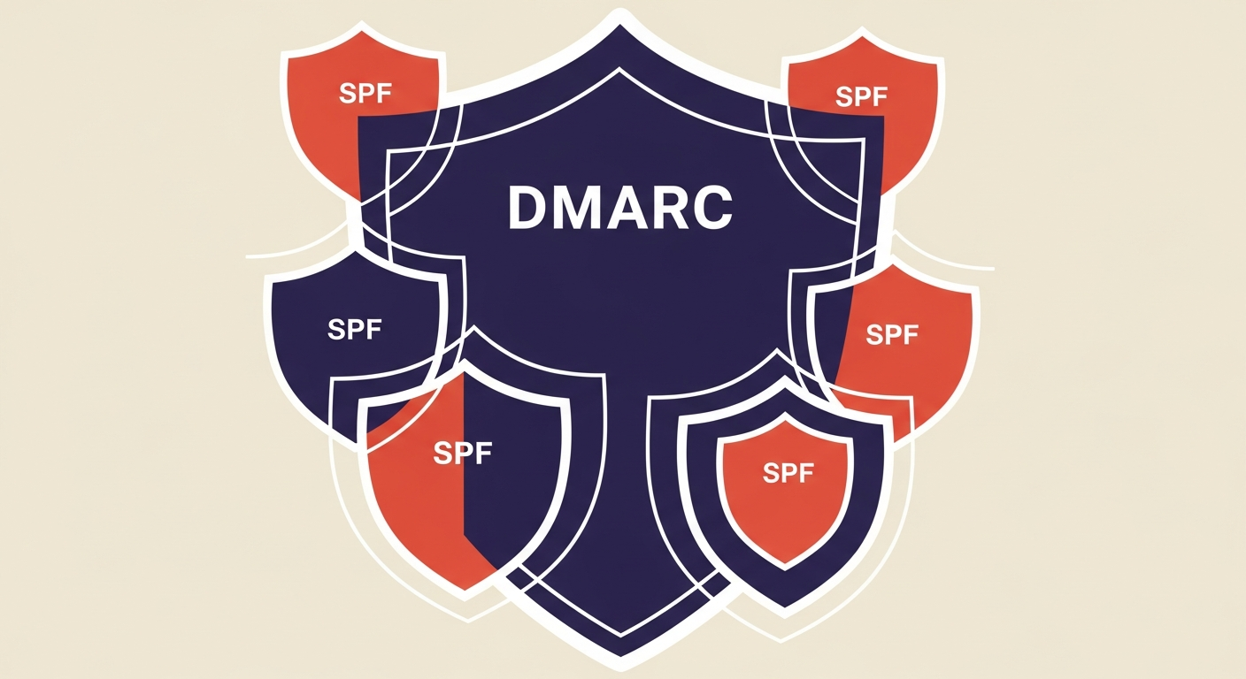Illustration depicting individual SPF shields for subdomains, and a larger DMARC shield covering the main domain and all its subdomains, showing DMARC's broader reach.