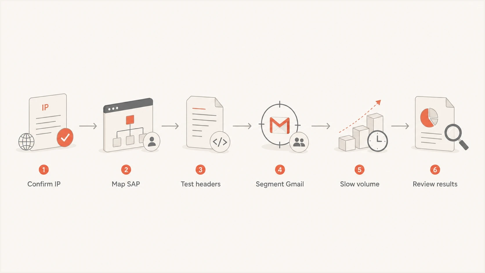 SFMC shared IP verification flow for domain warm-up, Gmail volume, and authentication review.