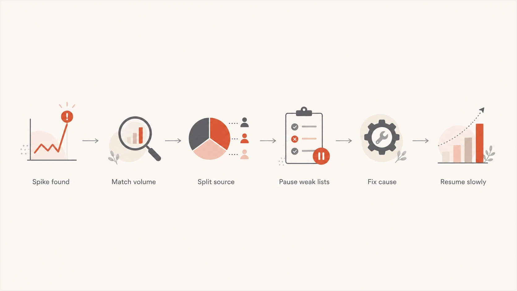 A flowchart for reducing a high spam rate after a complaint spike.
