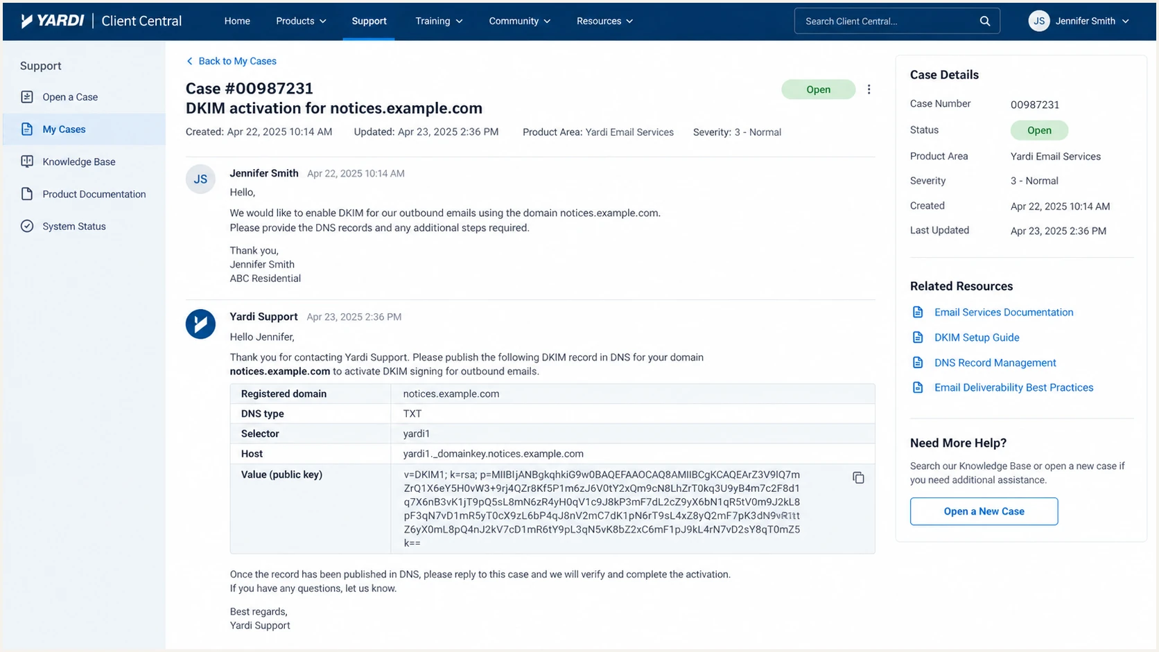 Yardi Client Central case with tenant-specific DKIM fields