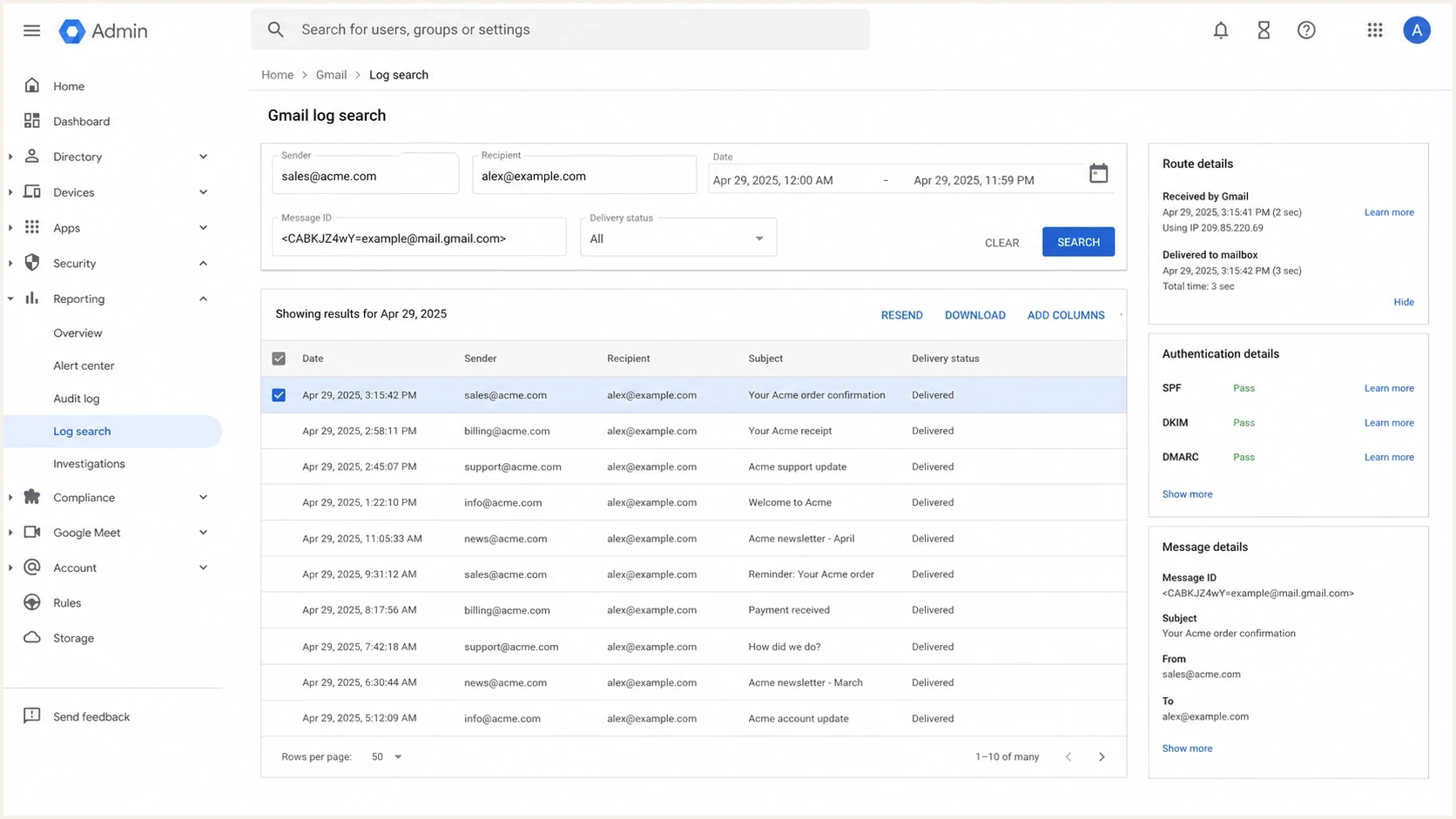 Google Admin console email log search screen for checking a bounced message route.
