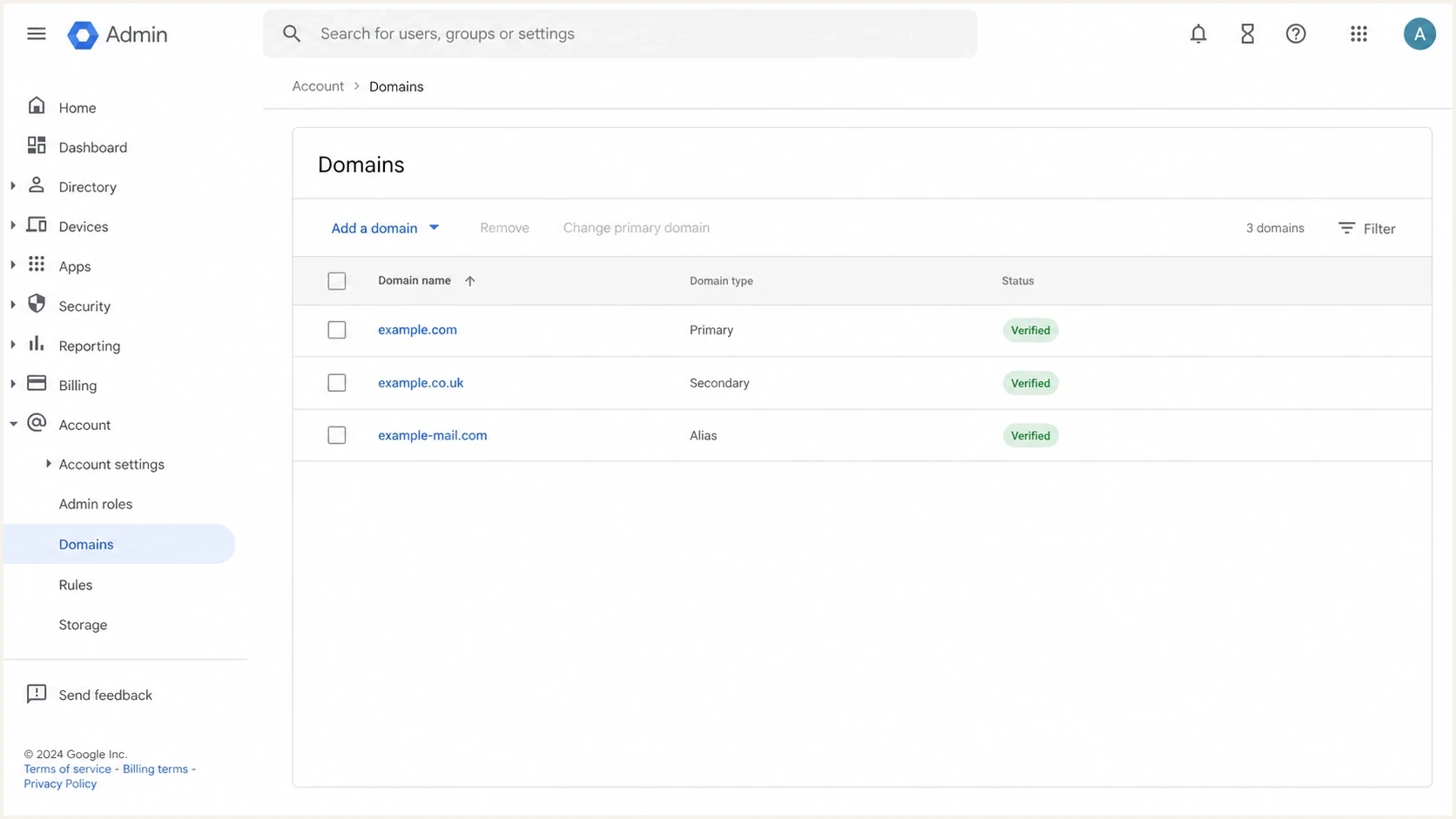 Google Admin Console domain settings showing primary, secondary, and alias domains.