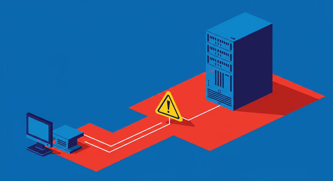 An illustration showing a computer sending an email that encounters a temporary error on its way to a Microsoft server, symbolizing a DKIM temperror.