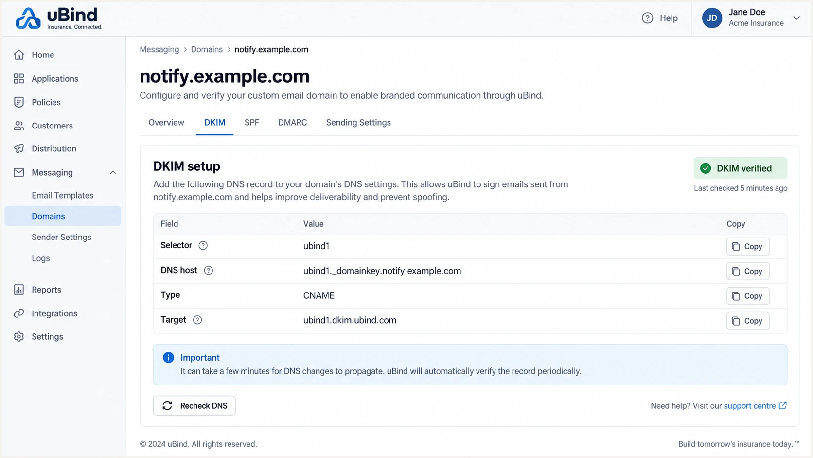 uBind DKIM selector and verification details
