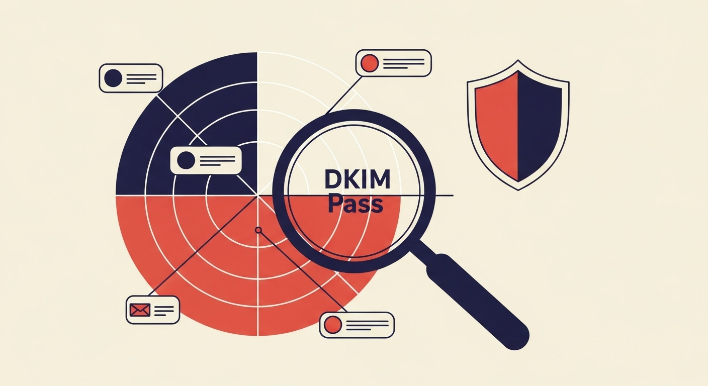An illustration showing a radar screen monitoring email authentication, with a focus on DKIM pass results.