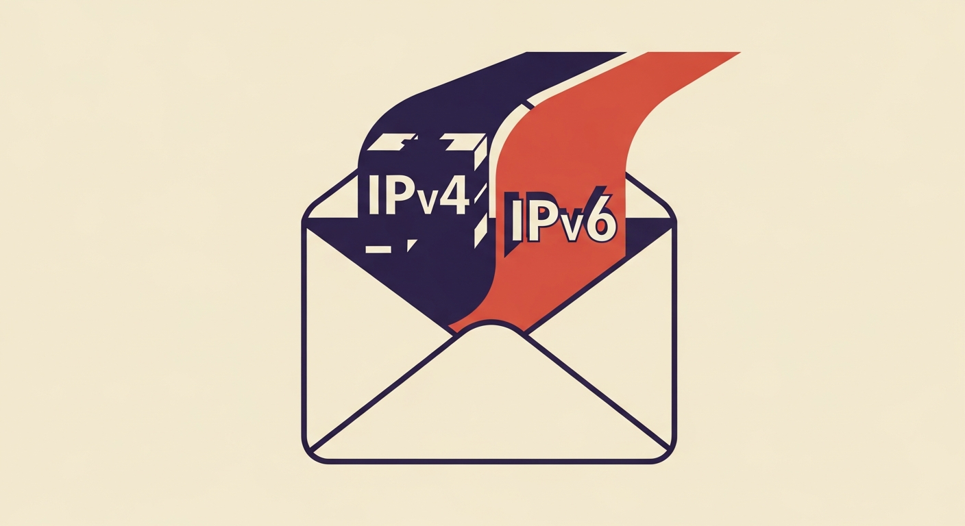 Stylized email envelope showing both IPv4 and IPv6 streams combining