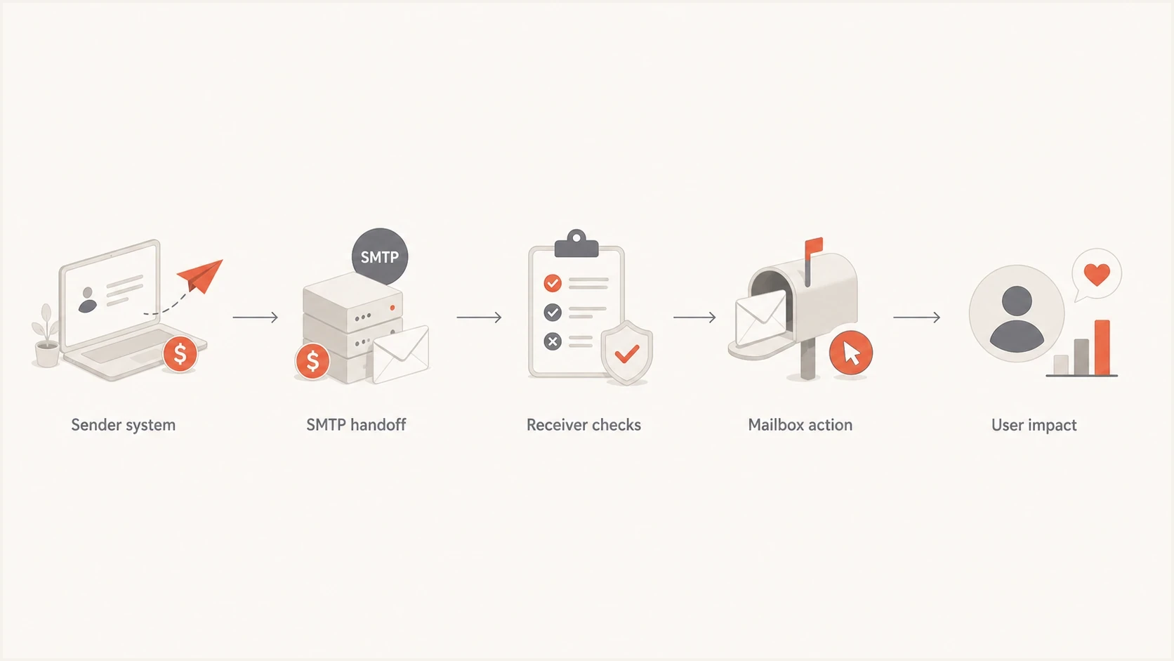 Flowchart showing sender costs ending at SMTP handoff and receiver costs after acceptance.