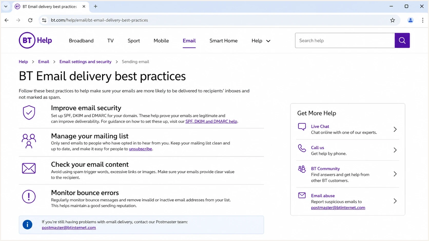 BT Help sender best practices page with postmaster guidance.