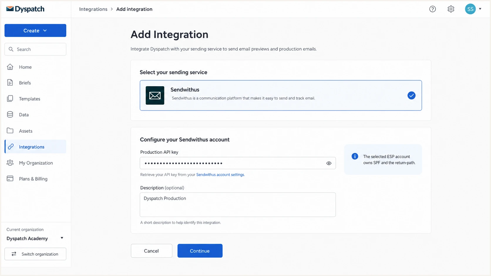 Dyspatch Sendwithus integration screen used to identify the sending account