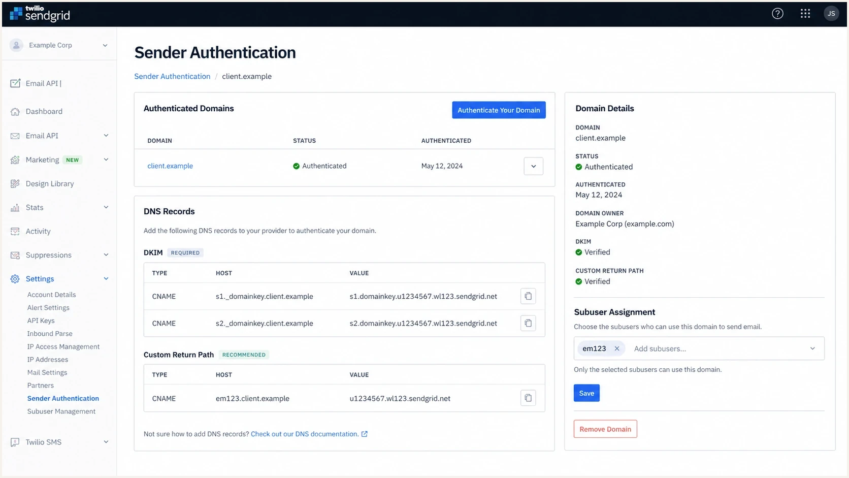 Twilio SendGrid Sender Authentication screen showing domain authentication and subuser assignment controls.