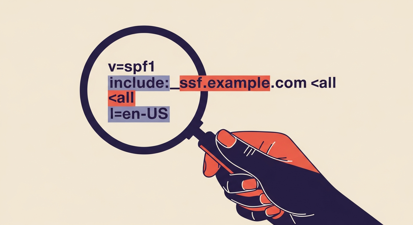 Magnifying glass examining a BIMI DNS TXT record string