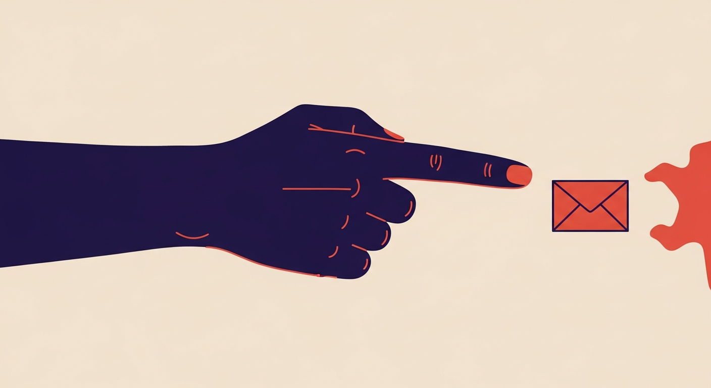 Illustration of a person pointing an accusatory finger at an envelope.