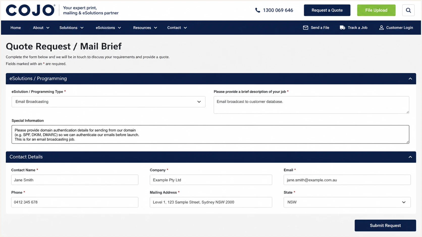 COJO quote form with email broadcasting and request details