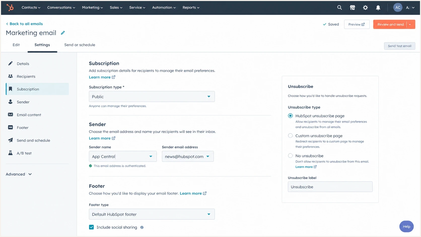HubSpot marketing email settings screen with subscription and sender controls