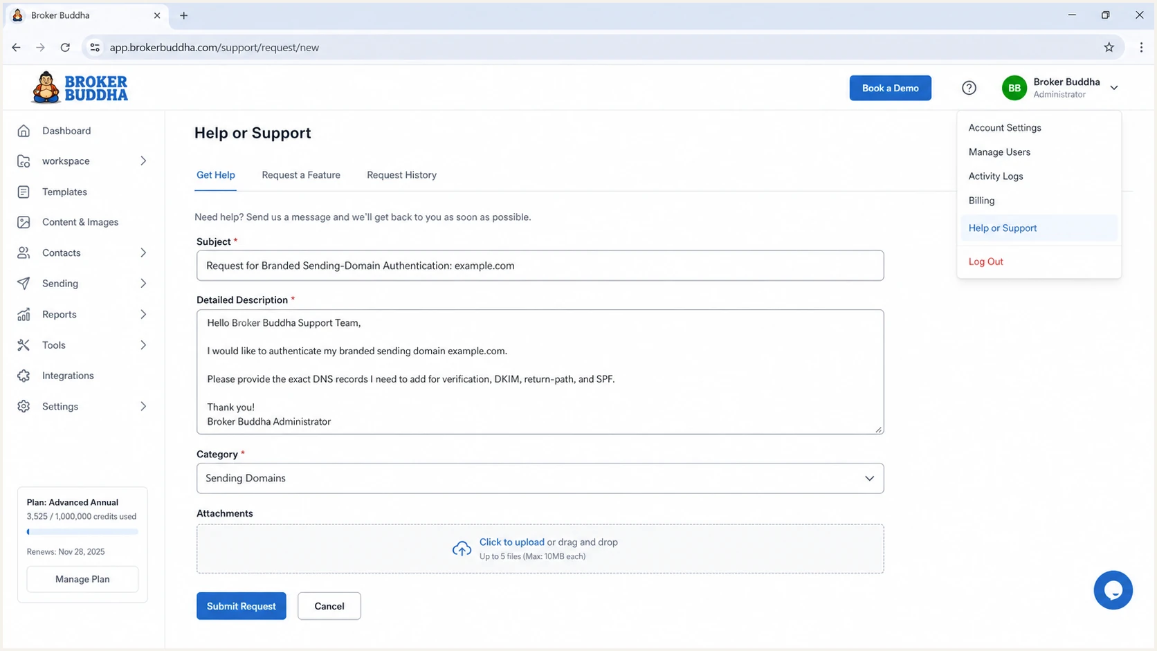 Broker Buddha administrator requesting branded sending-domain DNS records