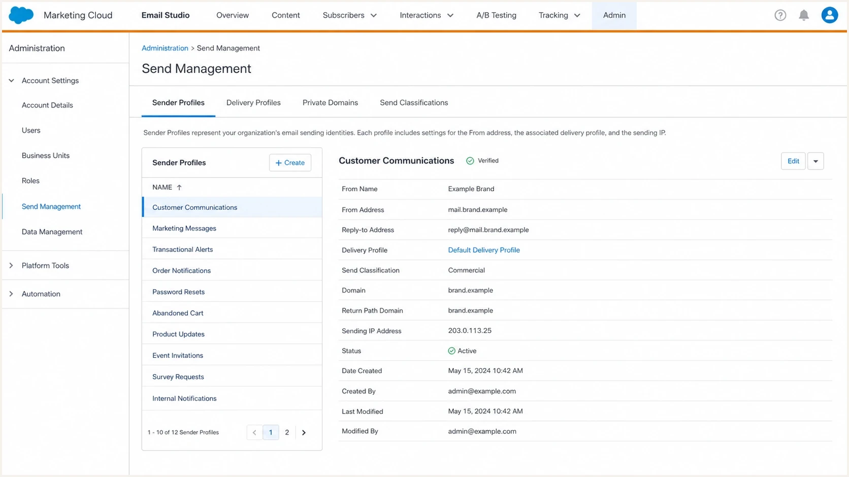 Salesforce Marketing Cloud sender and delivery profiles used to verify a shared IP and sending domain.