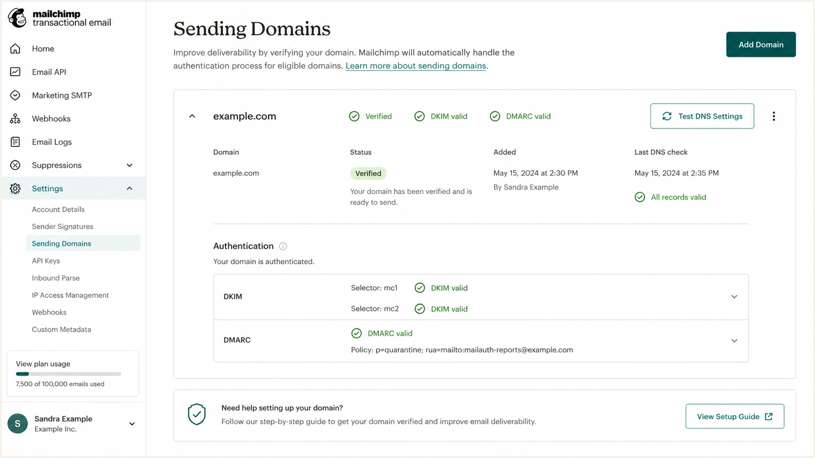 Mailchimp Transactional domain with successful authentication checks