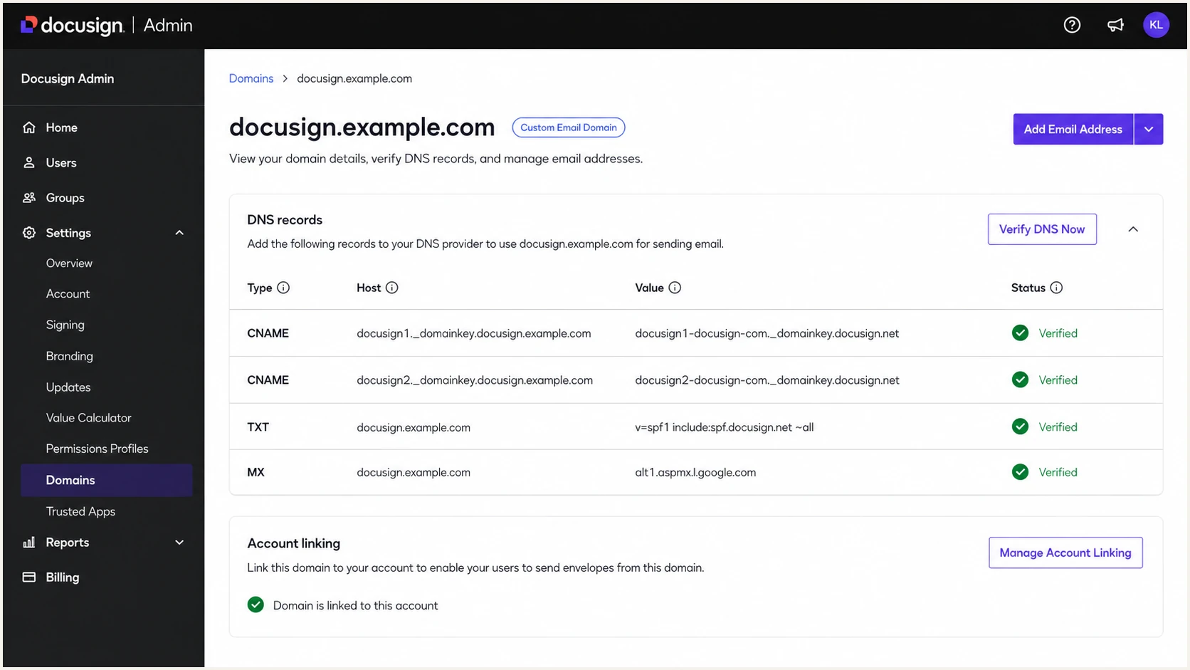 Verified Docusign custom email domain and sender setup