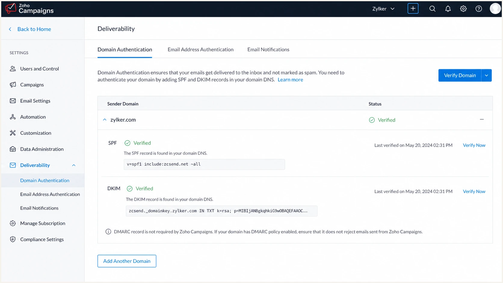 Verified SPF and DKIM status in Zoho Campaigns