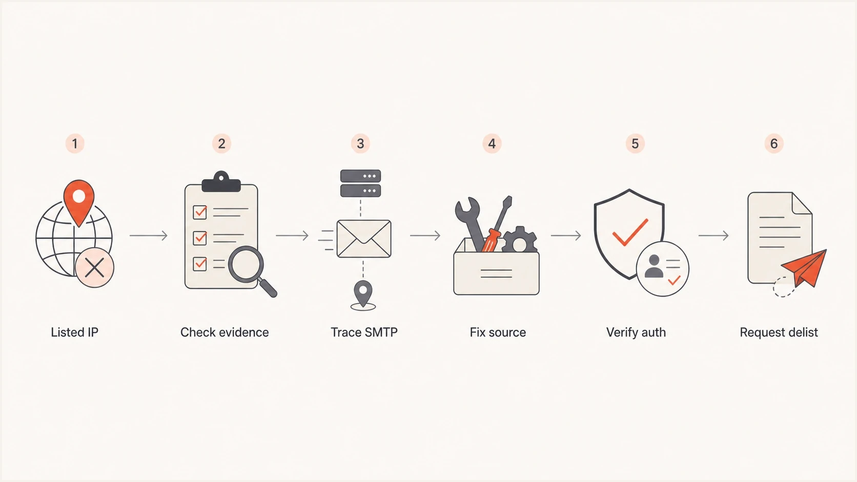 IP blacklist investigation flowchart covering evidence, SMTP tracing, authentication, and delisting.