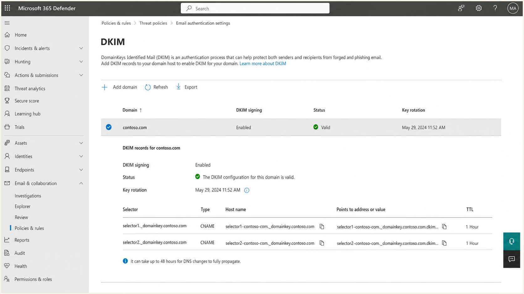 Microsoft Defender portal DKIM settings for a custom domain