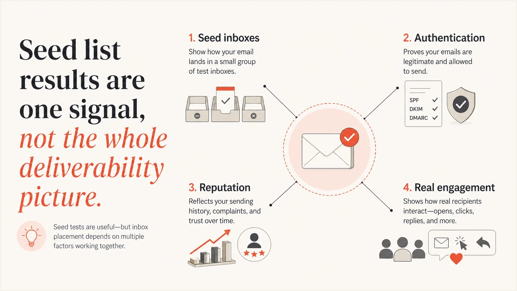 Seed inboxes, authentication, reputation, and real engagement shown as separate deliverability signals.