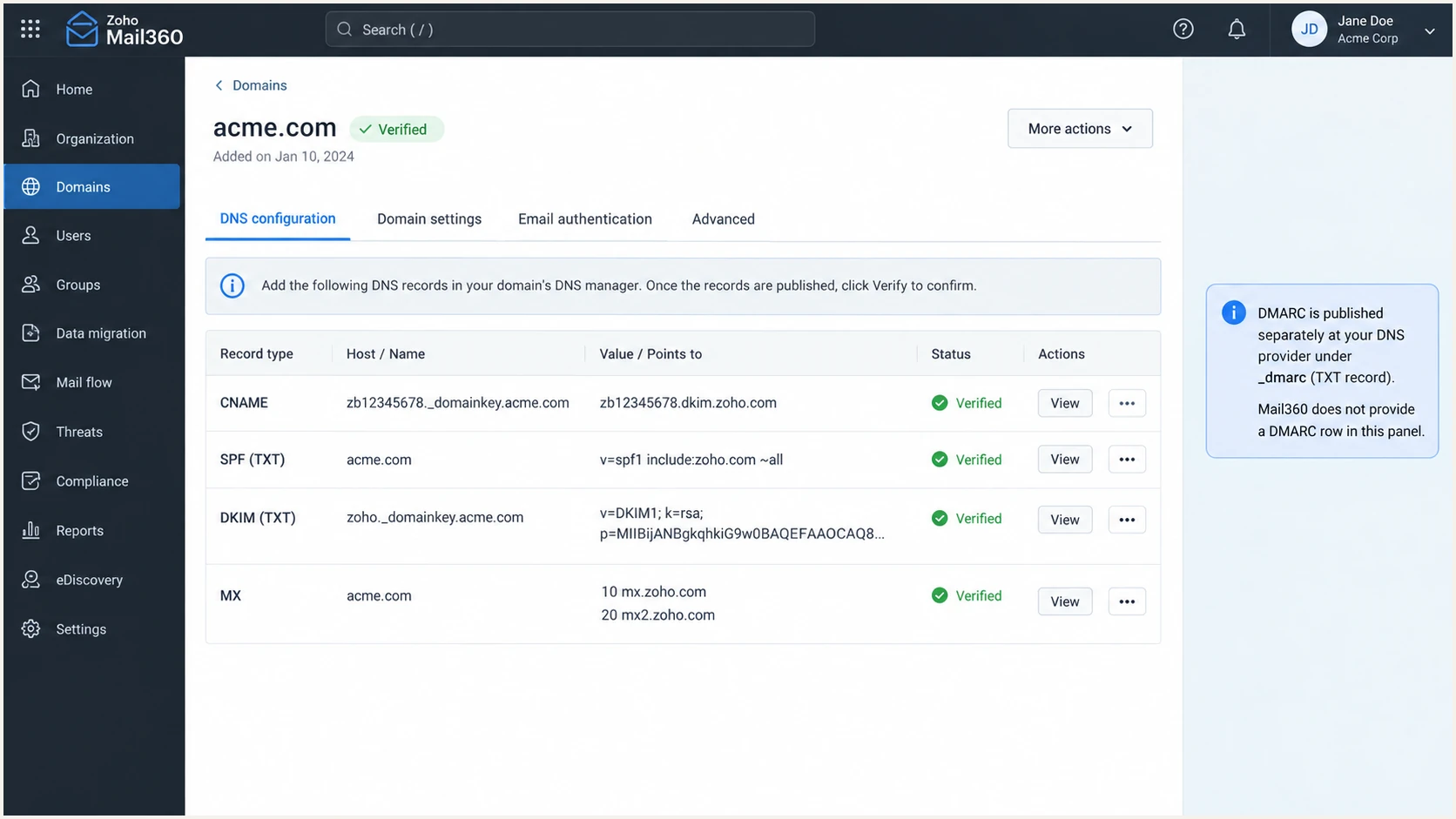 Zoho Mail360 verified domain records before separate DMARC publication
