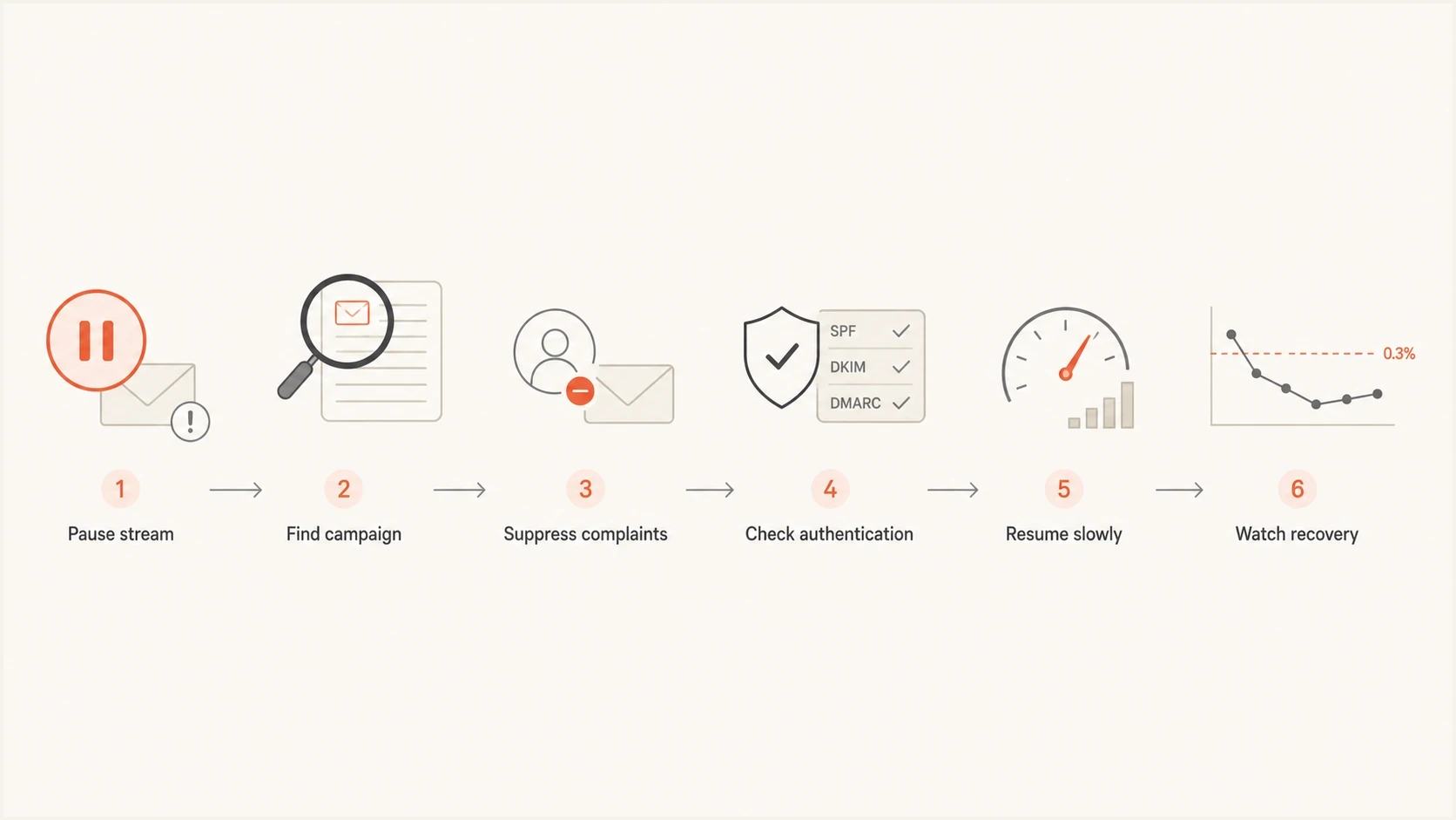 Flowchart for recovering after Gmail complaint rates exceed 0.3%.
