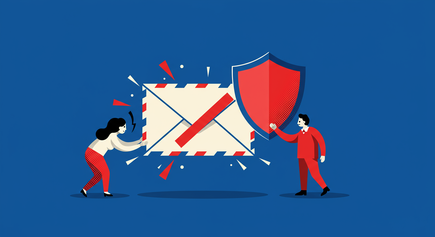A minimalist illustration of an email envelope being blocked by a large shield, representing failed email authentication. The style is retro, using only bright poppy red and deep royal blue colors with high contrast. No text or characters are present.