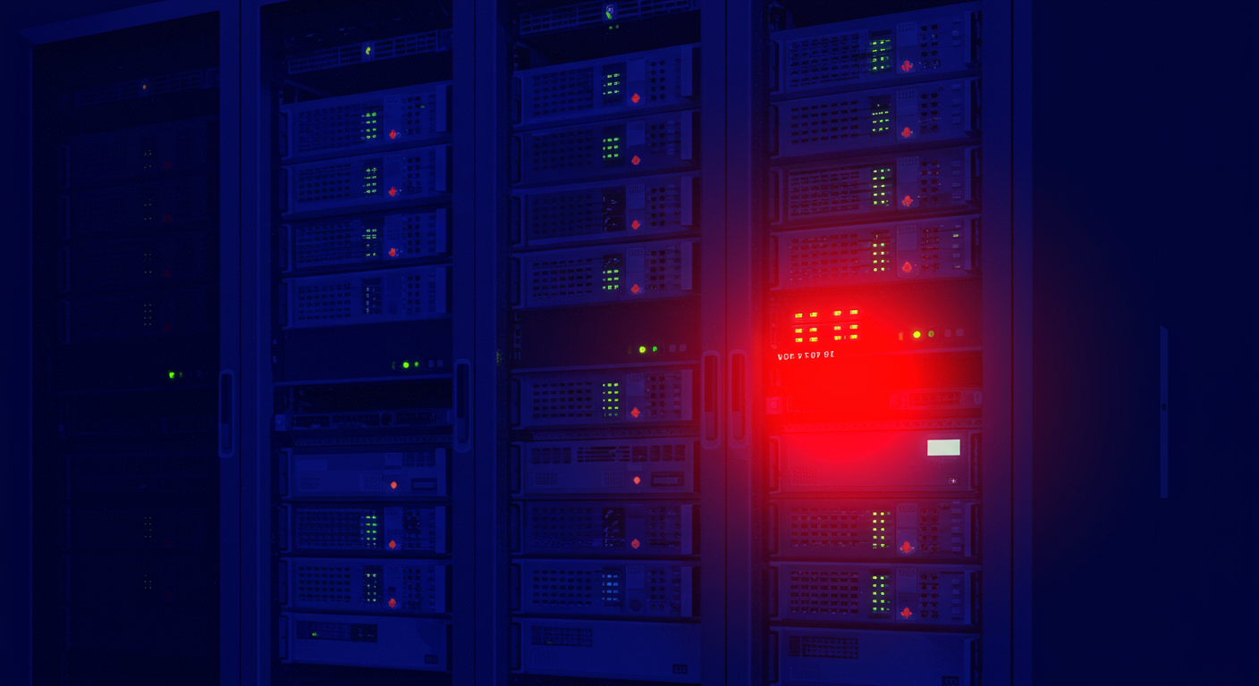 A minimalist illustration of a server rack with one server highlighted in red, representing a blocklist.