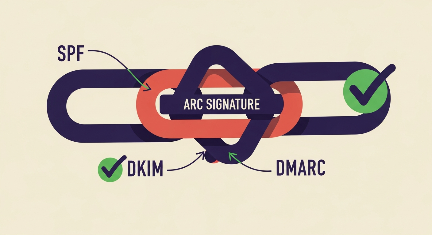 An illustration showing a perfectly authenticated email flow, with green checkmarks for SPF, DKIM, and DMARC, all enabled by a strong ARC chain.