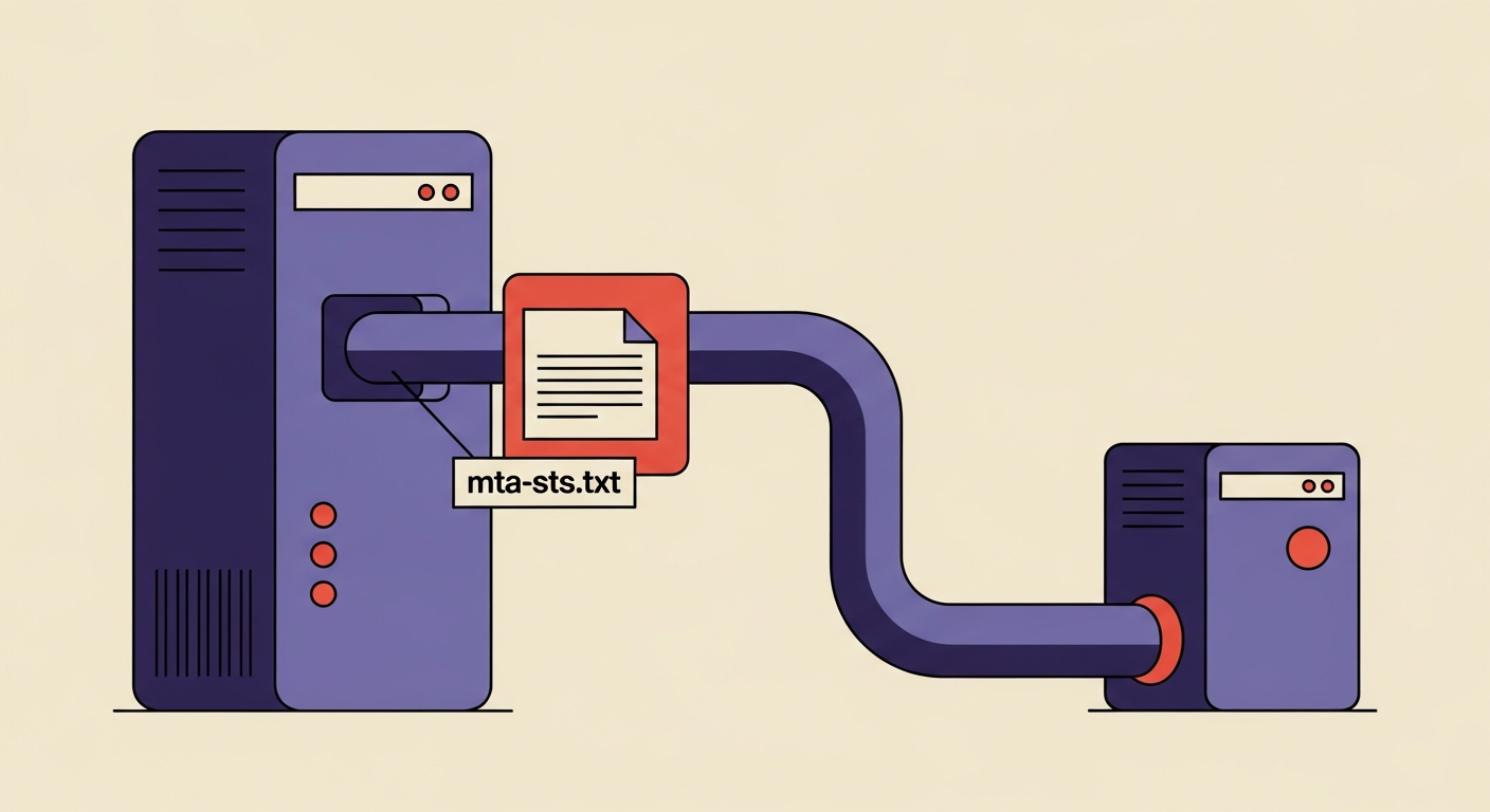 An illustration depicting an MTA-STS policy file being securely retrieved from a web server.