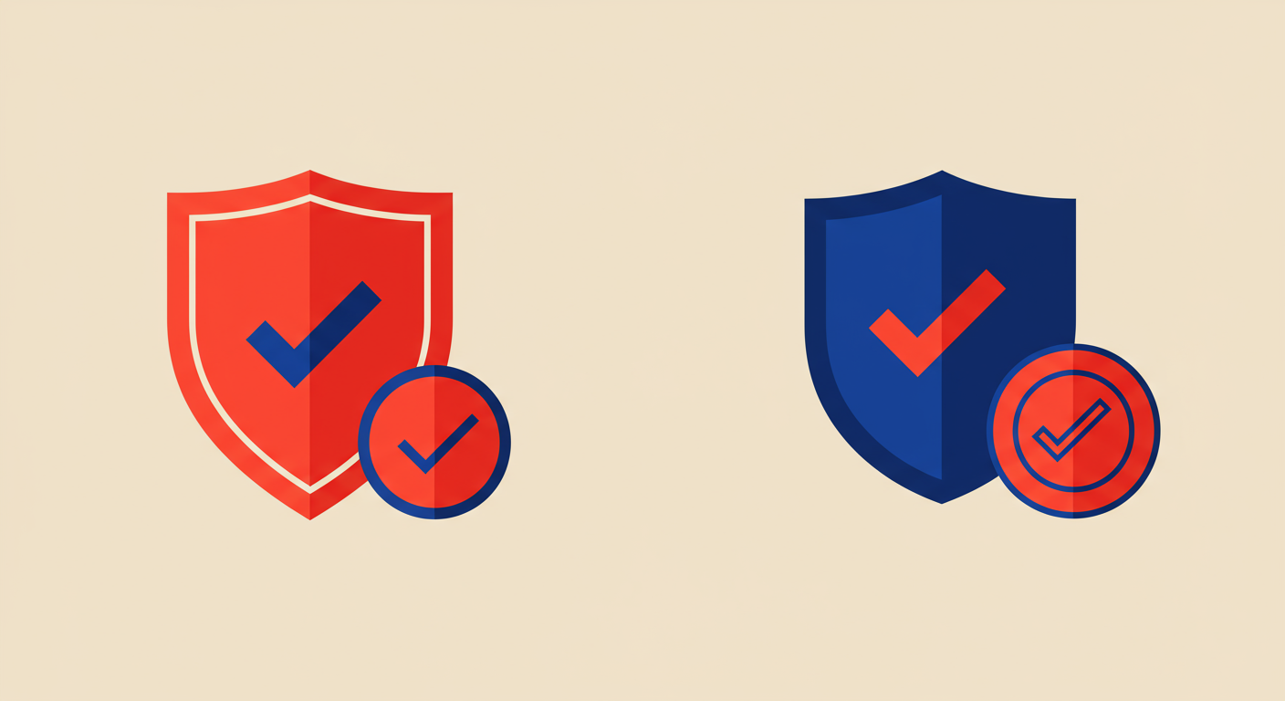 A minimalist illustration of a shield with a checkmark inside it, next to a brand's logo. The style of the images should be A minimalist retro illustration in the style of Malika Favre. Dominant colors are bright poppy red and deep royal blue. Vector art, high contrast. Do not put any words in the image or alphanumeric characters.