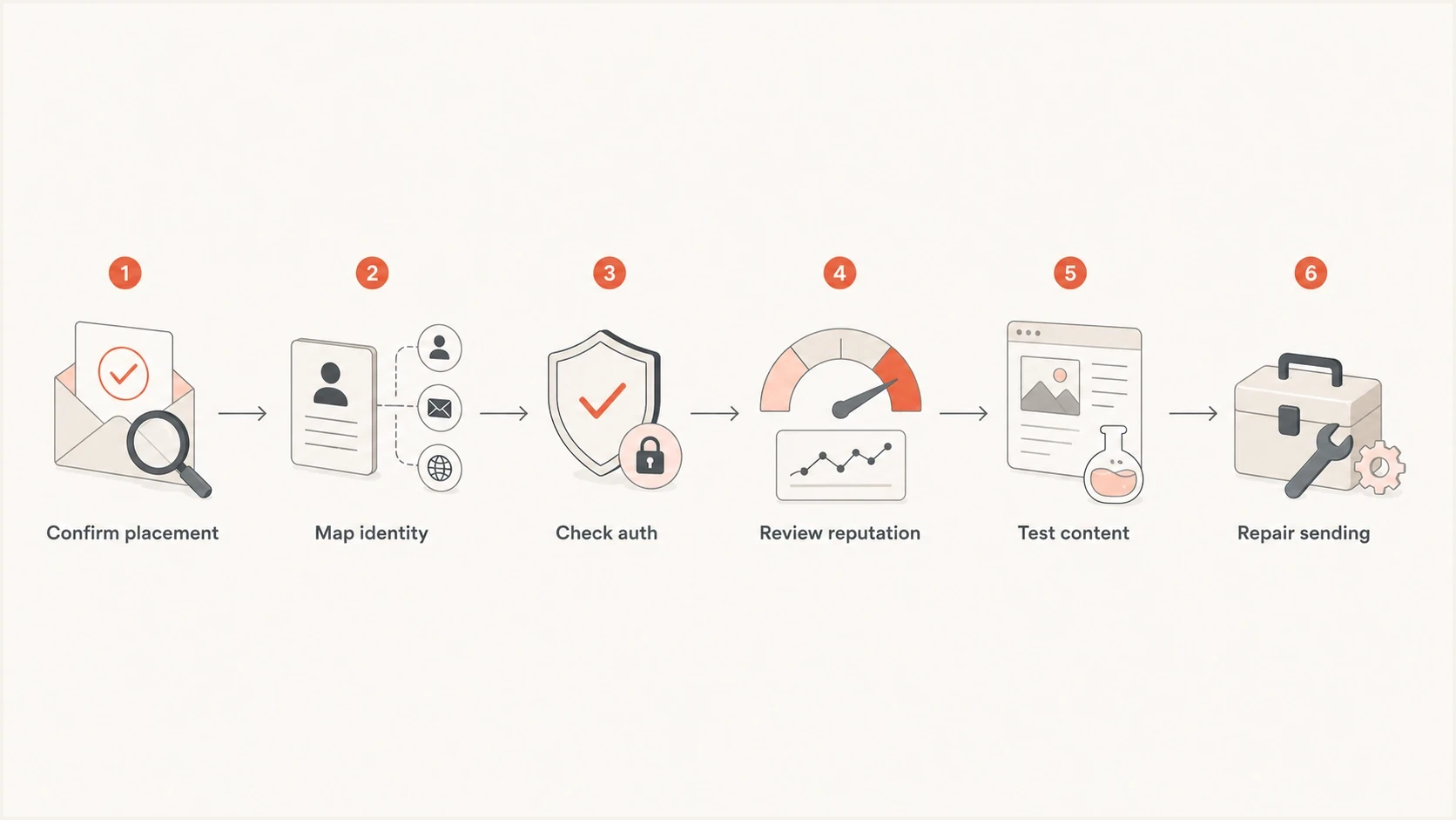 A six-step SFMC spam troubleshooting flow from placement evidence to repair.