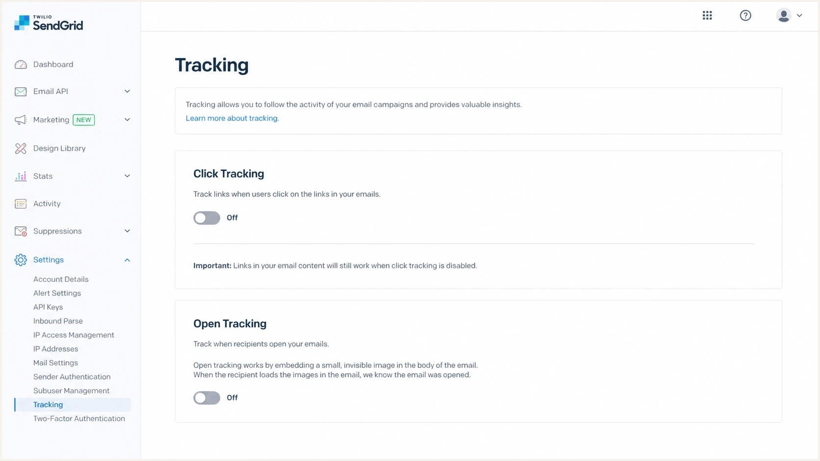 Twilio SendGrid tracking settings showing click tracking turned off to fix broken links.