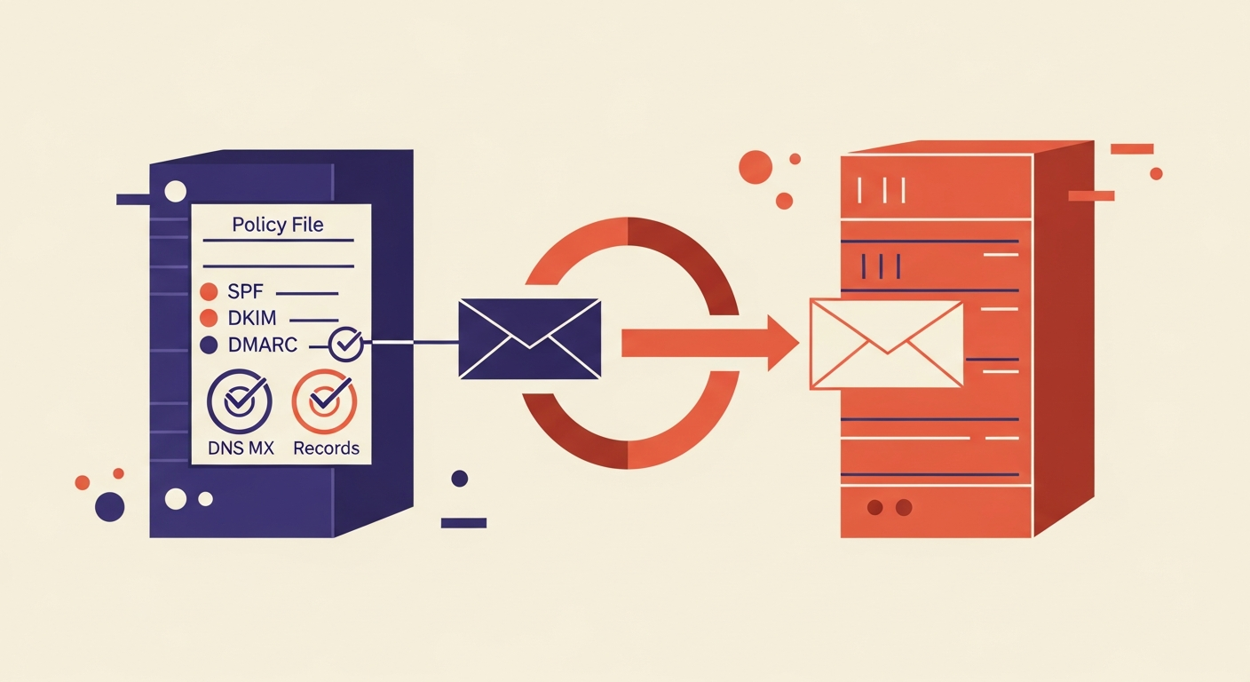 Diagram illustrating MTA-STS policy validation, showing policy file being checked against DNS MX records.