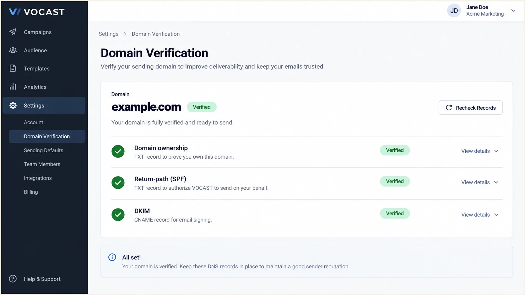 VOCAST domain verification status for SPF and DKIM
