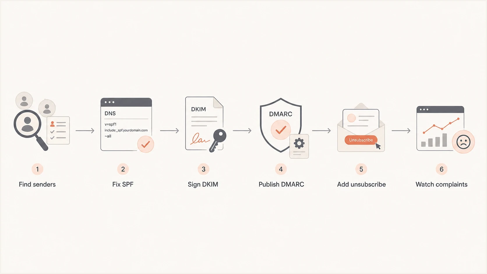 Compliance flow from sender inventory to complaint monitoring.