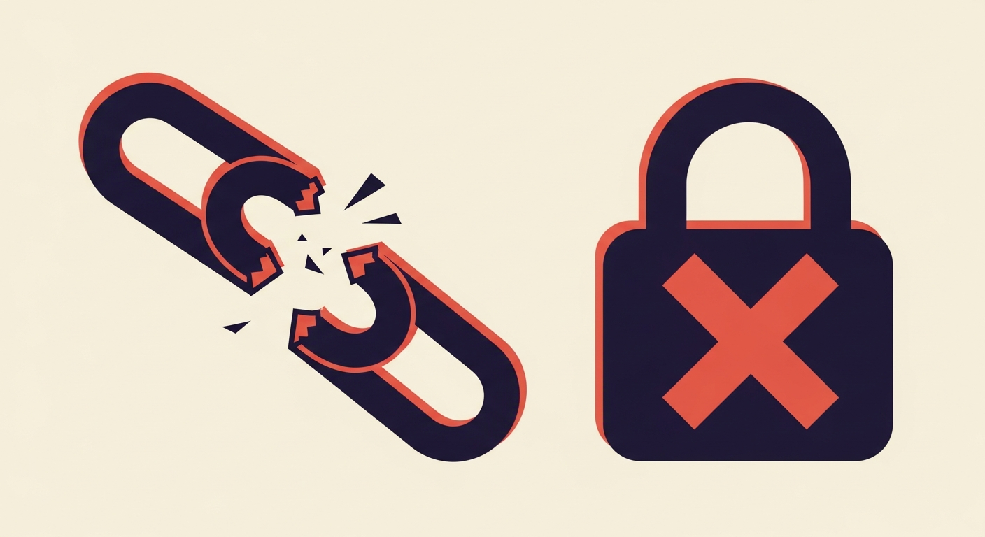 Security failure indicated by a broken chain link and a red crossed-out lock.
