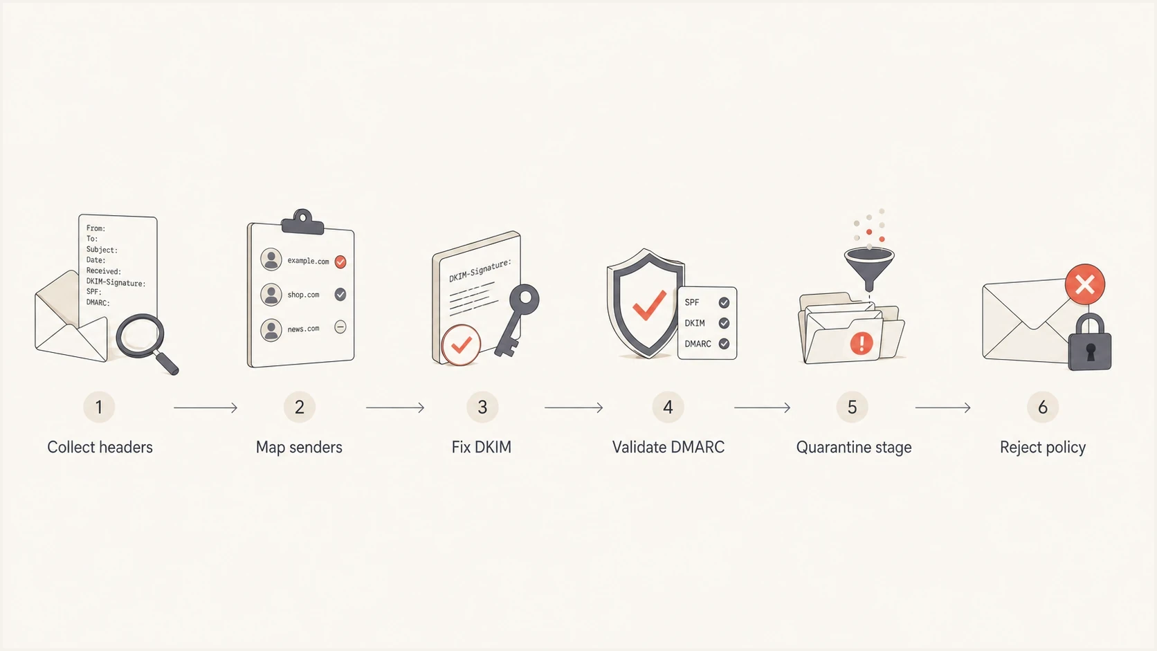 Flowchart showing how to move DMARC from monitoring to reject safely.