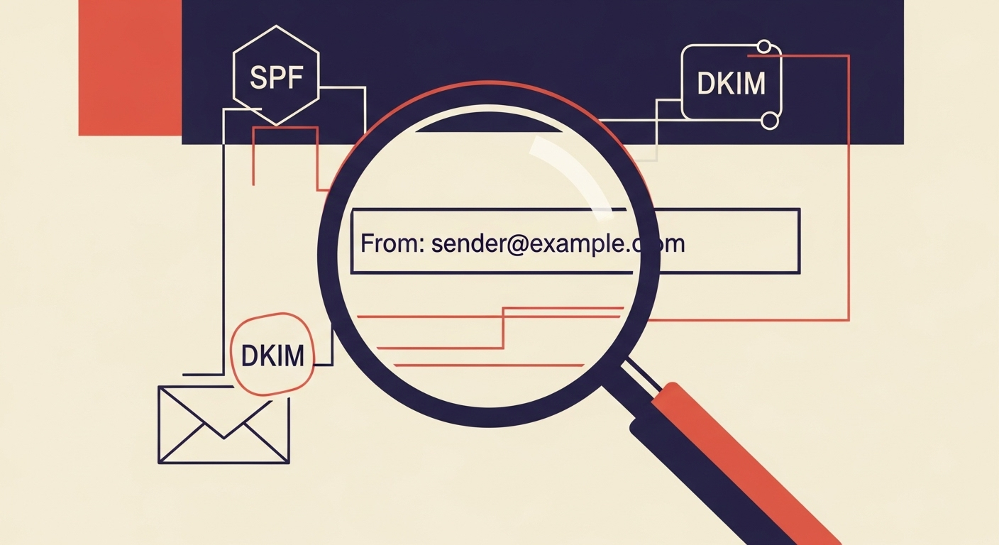 DMARC examining an email's From header, with SPF and DKIM symbols in the background.