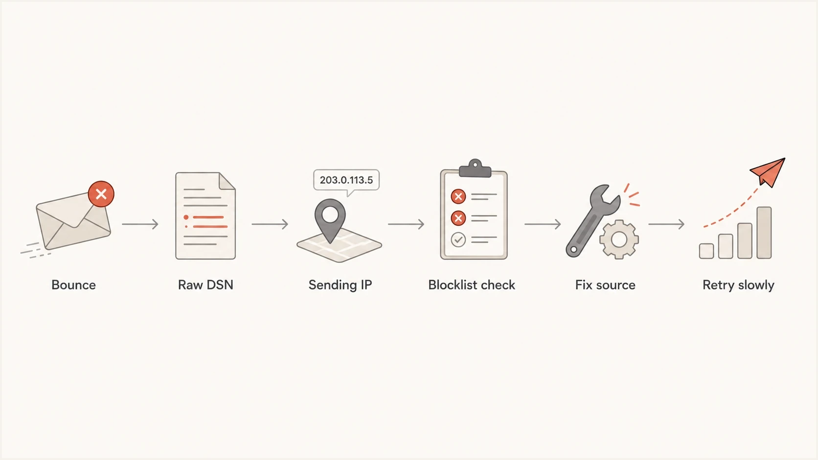 Flowchart showing how to move from a bounce label to a verified Spamhaus fix.
