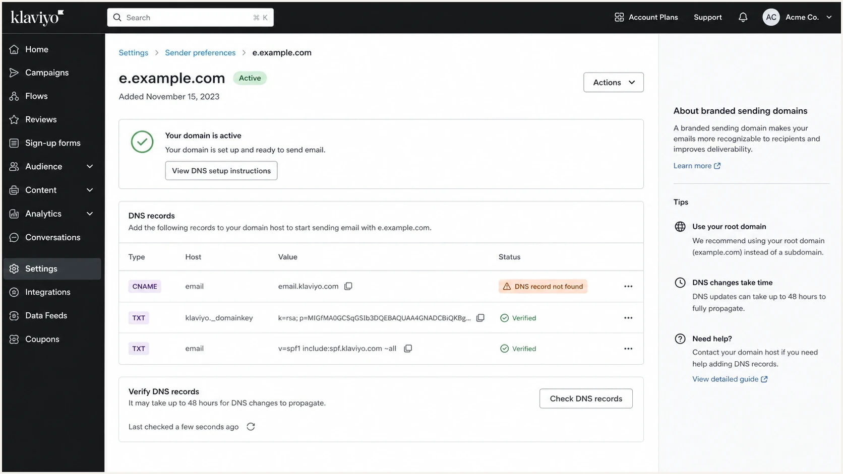 Klaviyo branded sending domain setup screen with DNS verification rows.